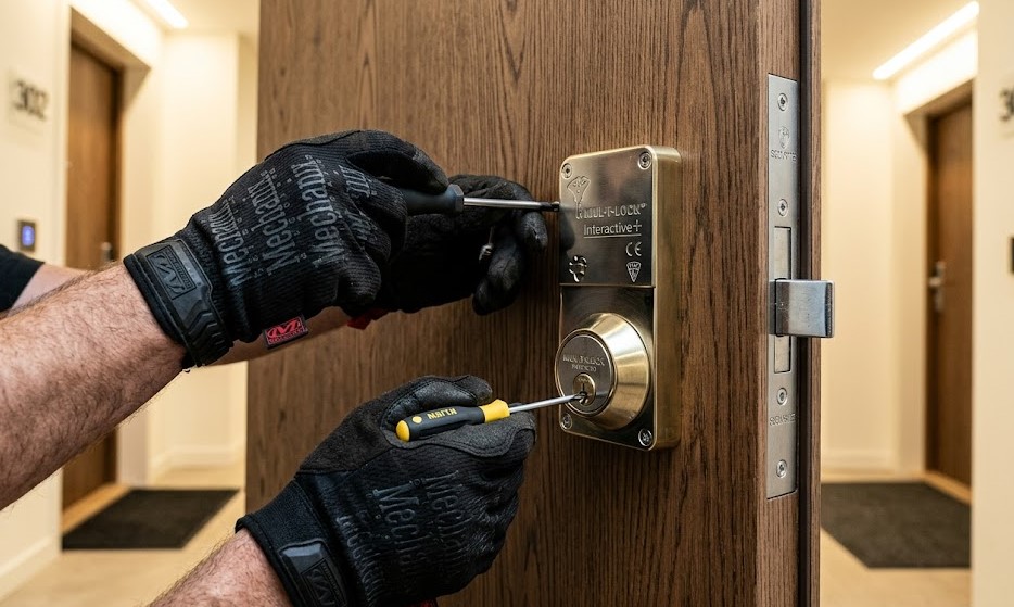 Técnico instalando cerradura anti-bumping en un piso del barrio de Serraparera