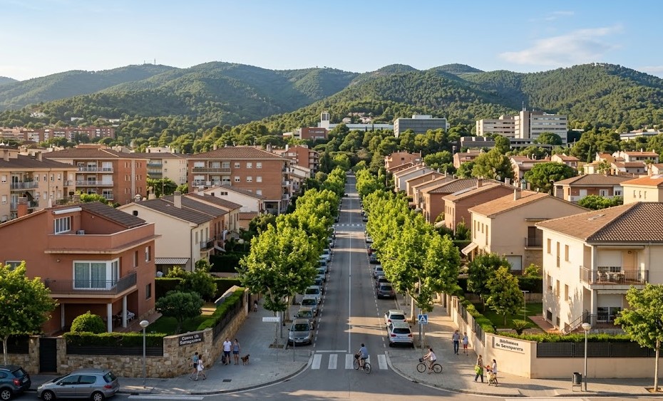 Vista de las calles arboladas de Serraparera y Cerdanyola del Vallès con Collserola al fondo